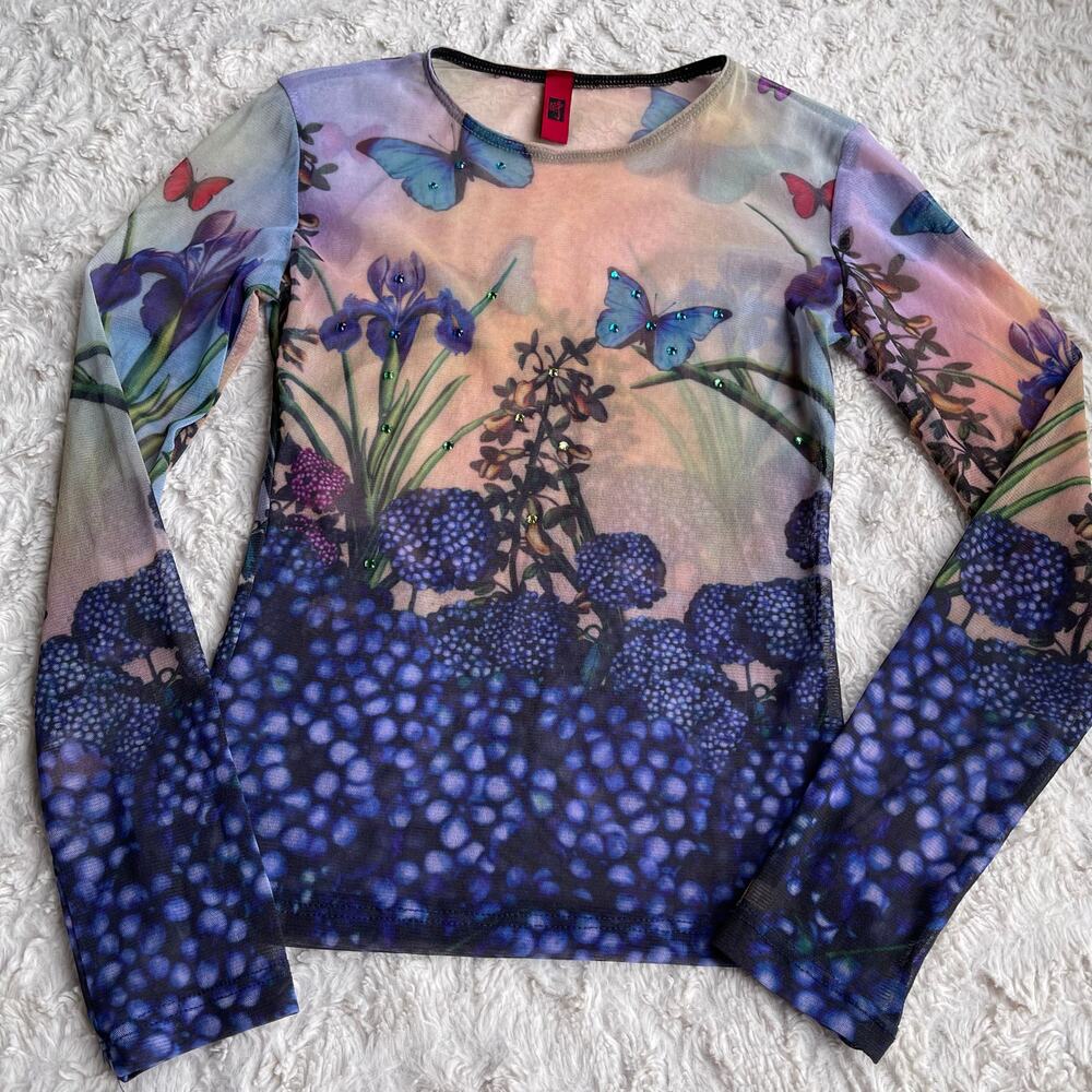 SOLD Just In Time USA floral butterfly mesh top vintage Y2K rhinestone beaded S - Picture 9 of 13